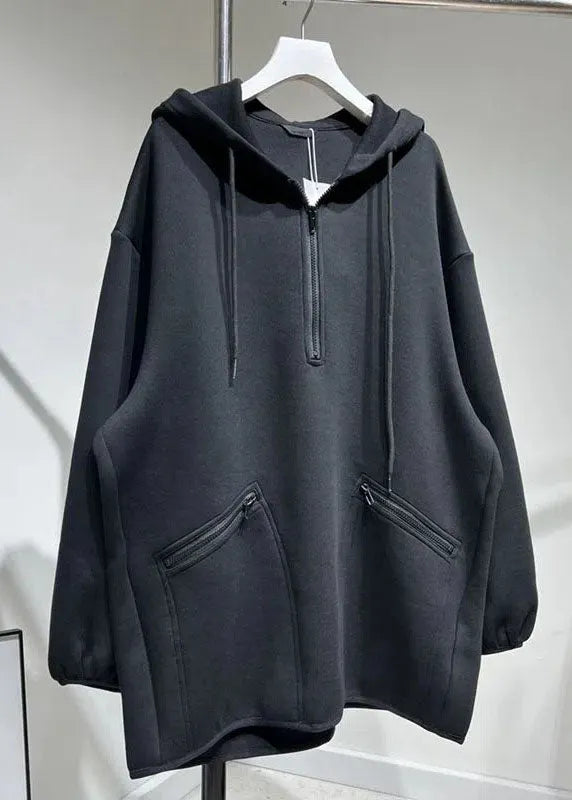 Unique Black Zippered Drawstring Hooded Pullover Long Sleeve