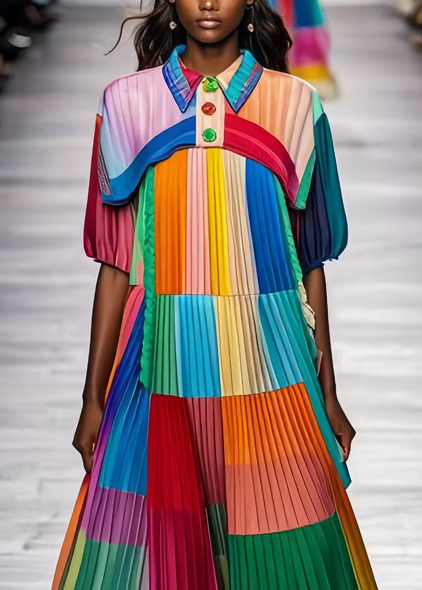 Colorblock Peter Pan Collar Patchwork Wrinkled Chiffon Beach Dress Summer
