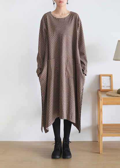 Loose Chocolate Colour O-neck Print Side Open Knit Cotton Maxi Dress Long Sleeve