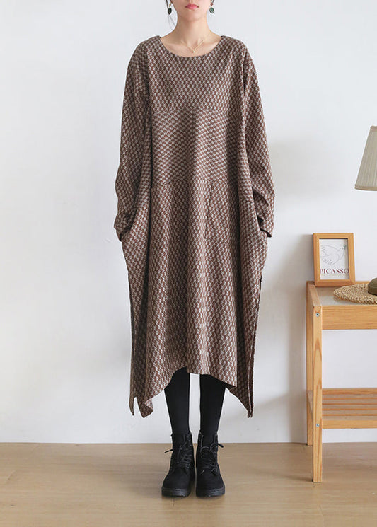 Loose Chocolate Colour O-neck Print Side Open Knit Cotton Maxi Dress Long Sleeve