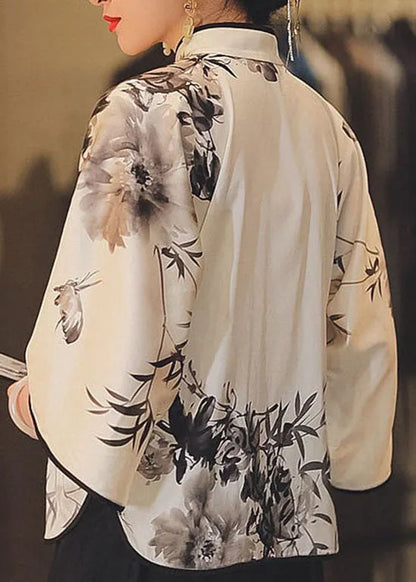 Chinese Style White Stand Collar Button Print Silk Top Spring