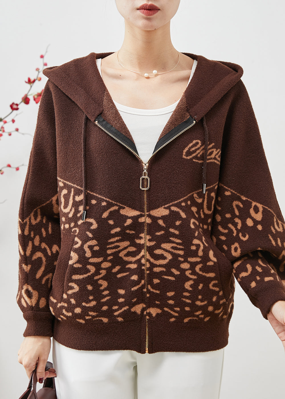 Brown Hooded Print Woolen Coat Spring