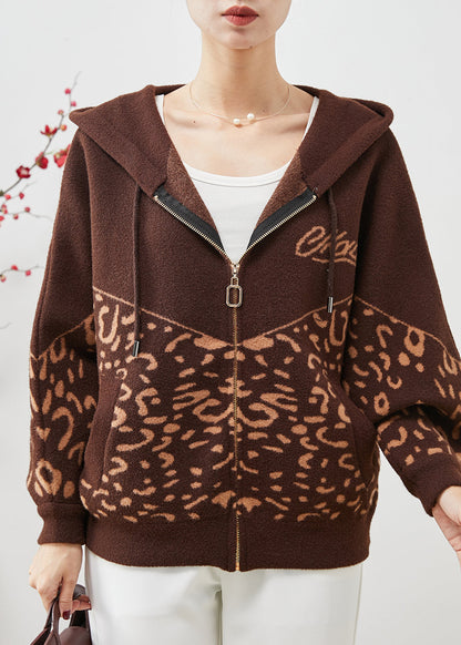 Brown Hooded Print Woolen Coat Spring