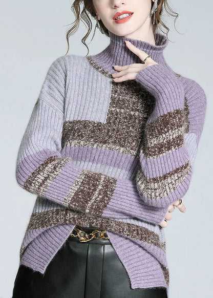Brown Turtleneck Patchwork Cashmere Knit Sweaters Winter