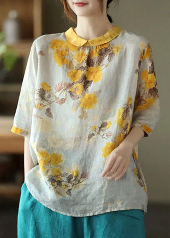 Natural Navy Peter Pan Collar Print Summer Ramie Half Sleeve