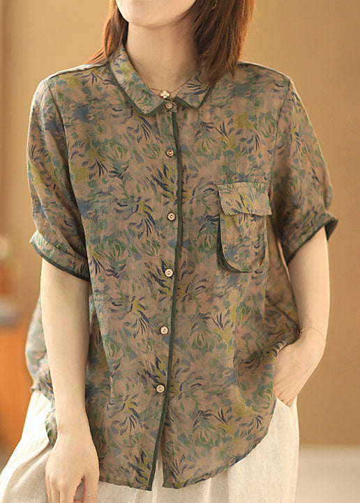 Green Peter Pan Collar Print Pocket Linen Shirt Top Short Sleeve