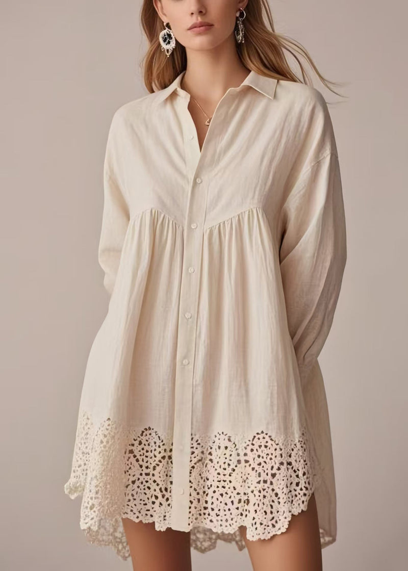 Apricot Oversized Hollow Out Cotton Long Shirts Spring