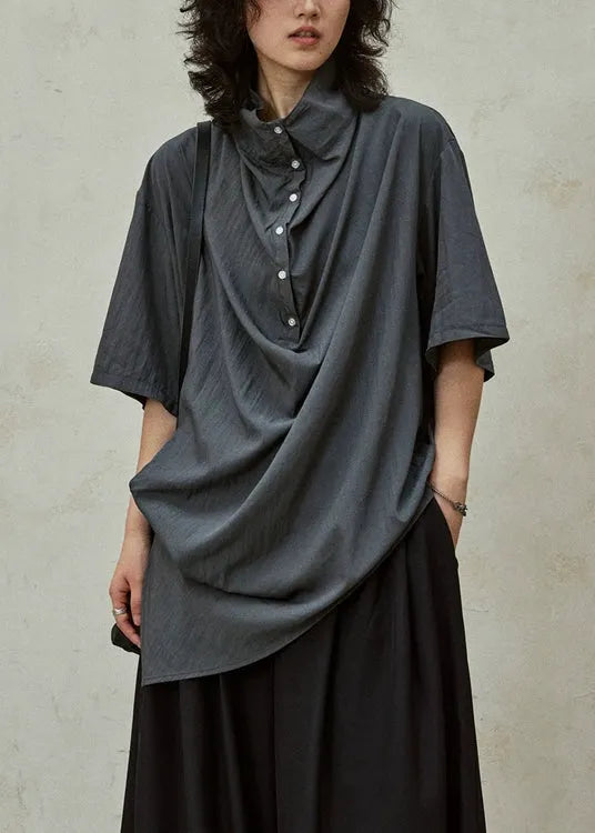 Grey Button Side Open Cotton Blouse Stand Collar Summer