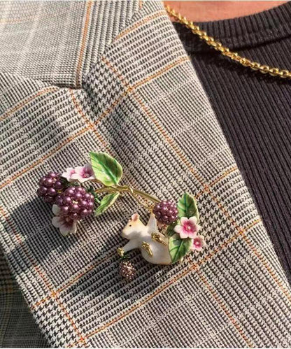 Purple Copper Enamel Grape Squirrel Brooches
