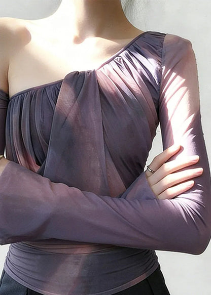 Purple One Shoulder Wrinkled Tulle Shirt Spring