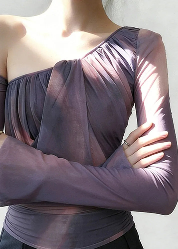 Purple One Shoulder Wrinkled Tulle Shirt Spring