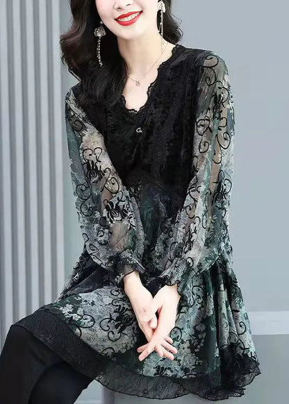 Slim Fit Black V Neck Velour Patchwork Layered Chiffon Tops Long Sleeve