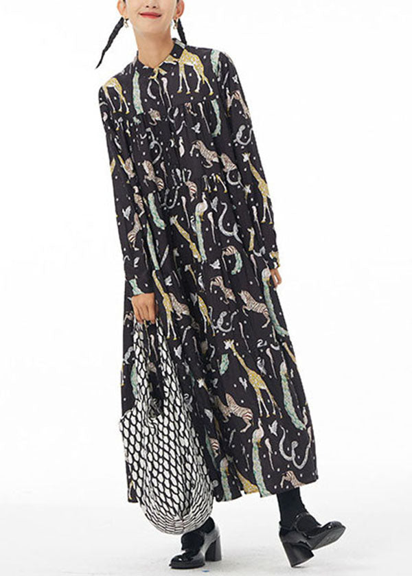 Black Stand Collar Animal Print Patchwork Cotton Shirts Dress Spring