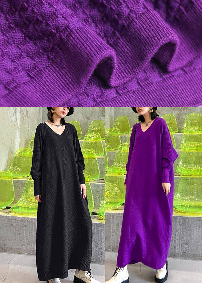 French Black V Neck Knitting Cotton Fall Knit Dress