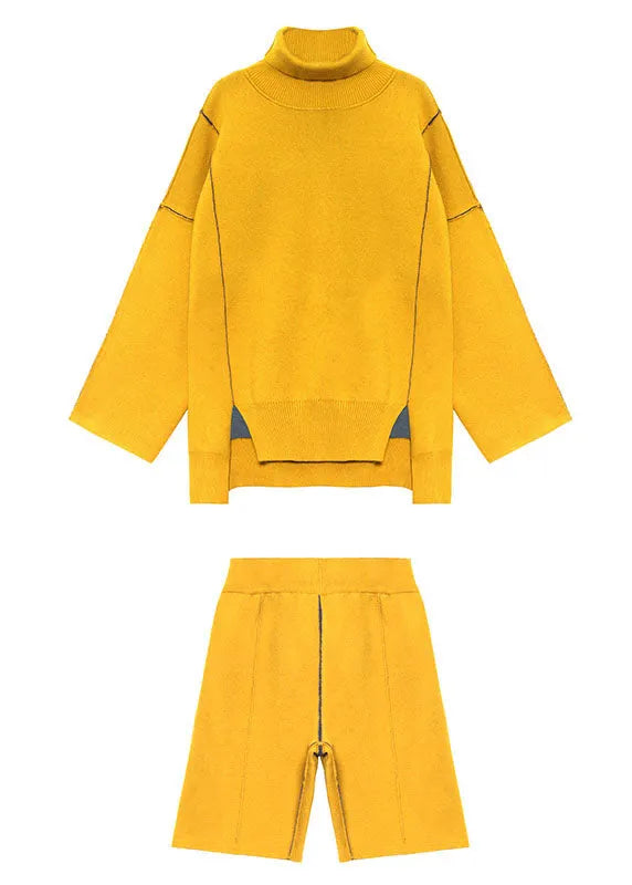 Yellow Turtleneck Knit Fall Two Piece Set