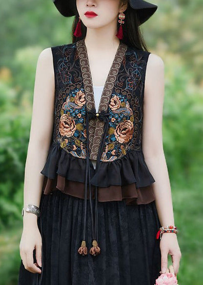 Black Ruffled Tasseled Patchwork Silk Waistcoat Sleeveless