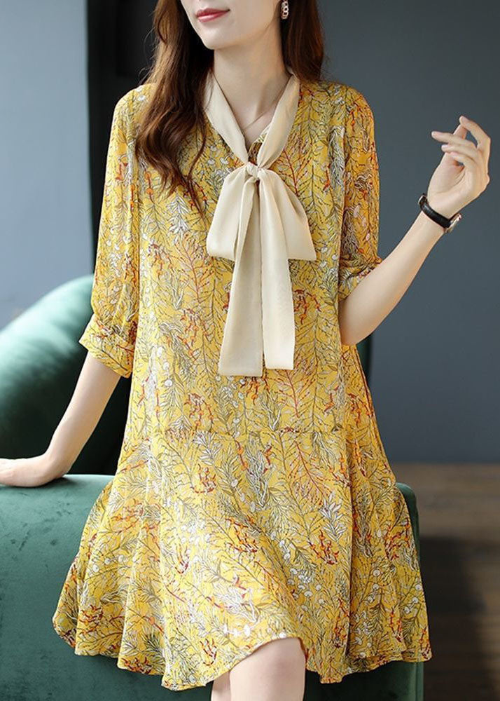 Yellow Lace Up Patchwork Print Chiffon Party Dress Summer