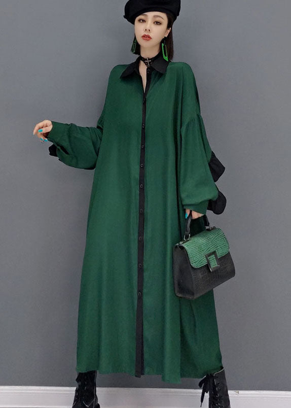 Loose Green Peter Pan Collar Patchwork Shirt Dress Spring