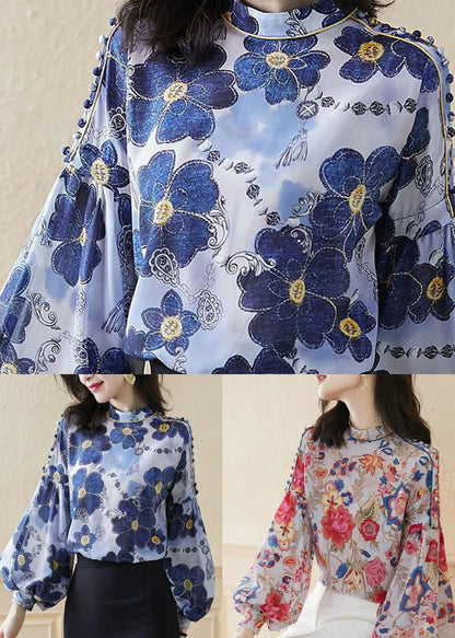 Red Patchwork Loose Silk Shirts Lantern Sleeve
