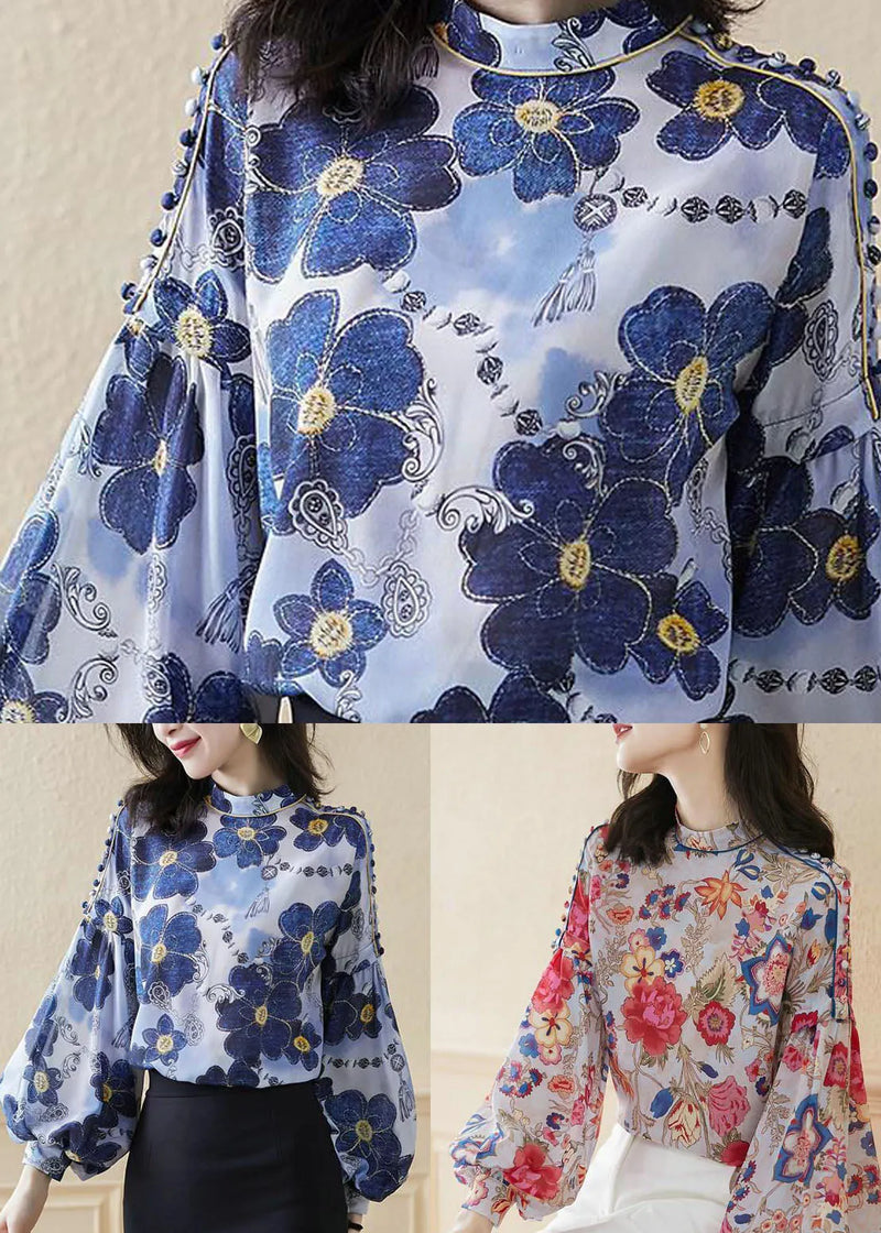Blue Stand Collar Button Print Silk Shirt Top Spring