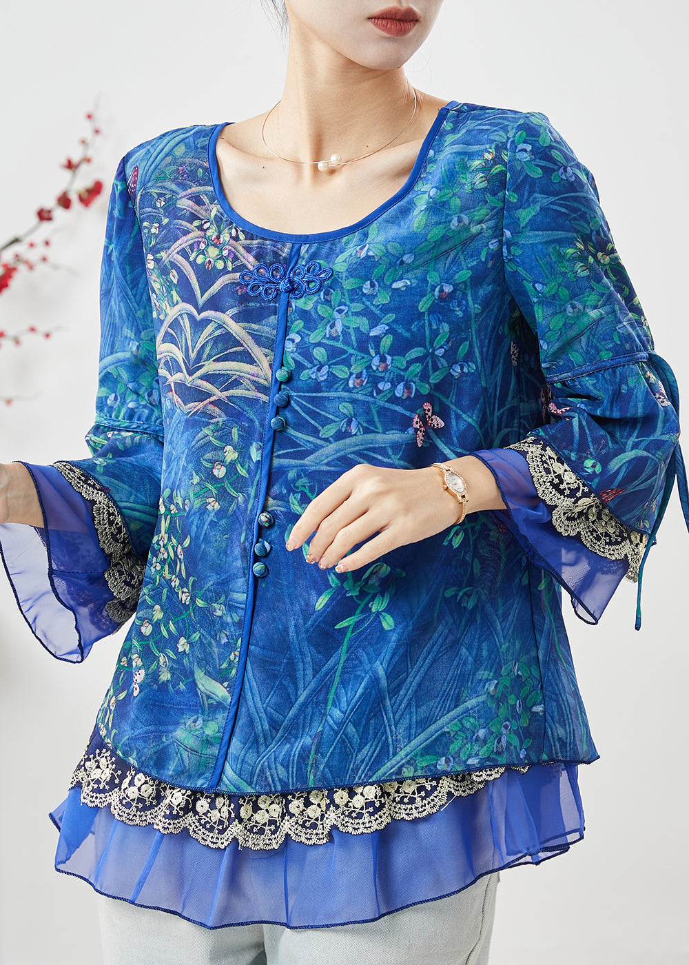 Blue Print Patchwork Chiffon Shirt Spring