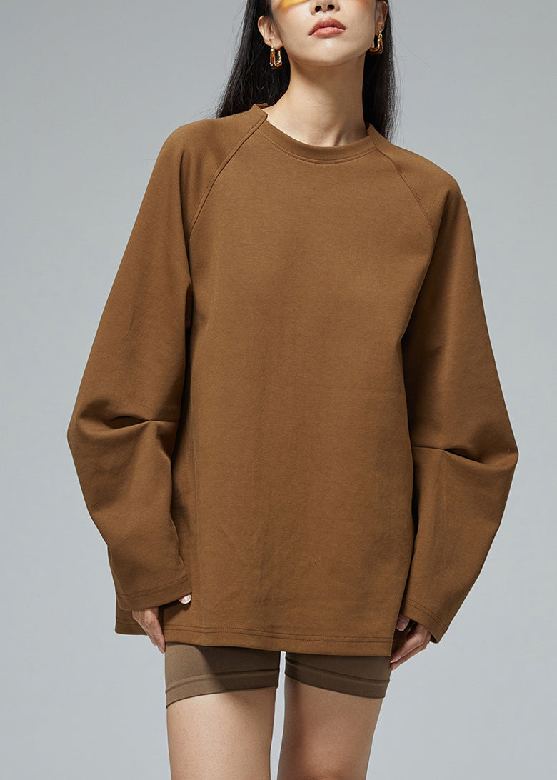 Brown O Neck Cotton Sweatshirt Fall