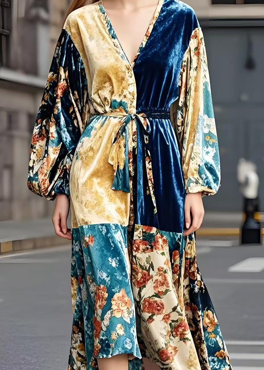 French Colorblock Tie Waist Patchwork Silk Velour Vacation Dresses Spring