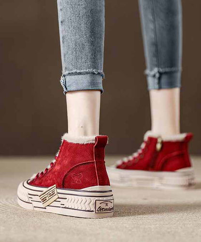 Splicing Platform Flats Red Cowhide Leather Fuzzy Wool Lined