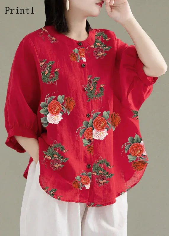 Art White Flowers O-neck Button Linen Loose Shirt Top Lantern Sleeve
