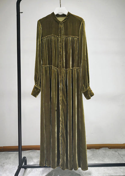Green Button Ruffled Silk Velour Shirts Long Dresses Fall