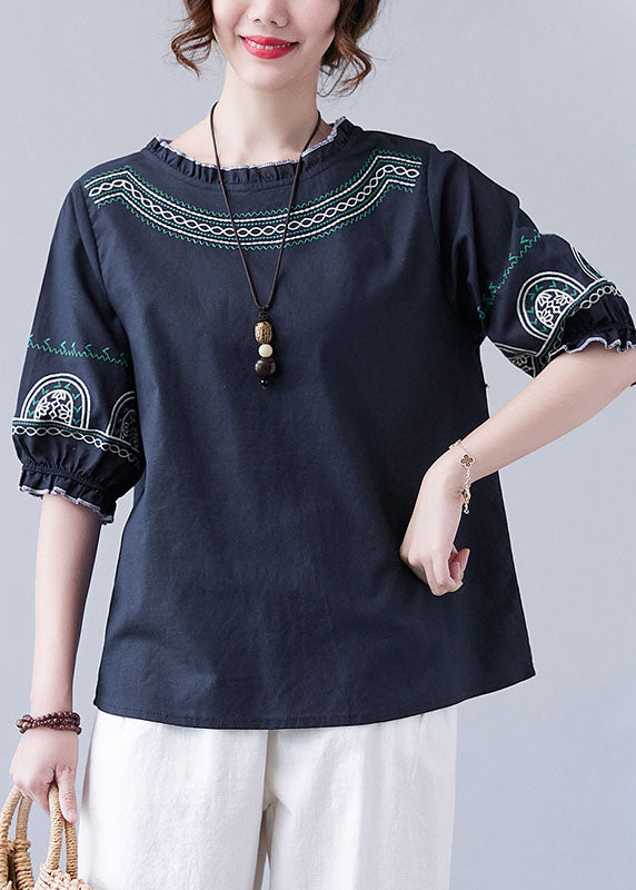 Navy Original Design Ruffled Embroideried Cotton Top Lantern Sleeve