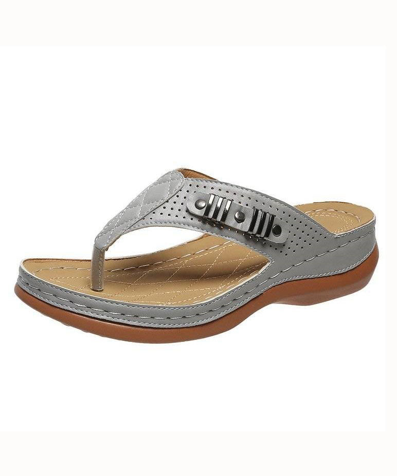 Comfy Grey Beach Flip Flops Faux Leather Splicing Rivet