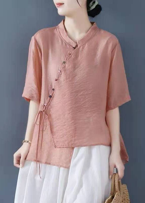 Pink Tie Waist Blouse Tops Half Sleeve