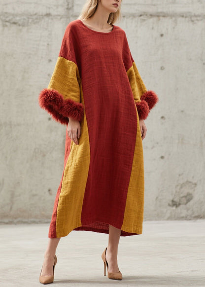 Colorblock O Neck Fuzzy Fur Patchwork Cotton Long Dresses Fall