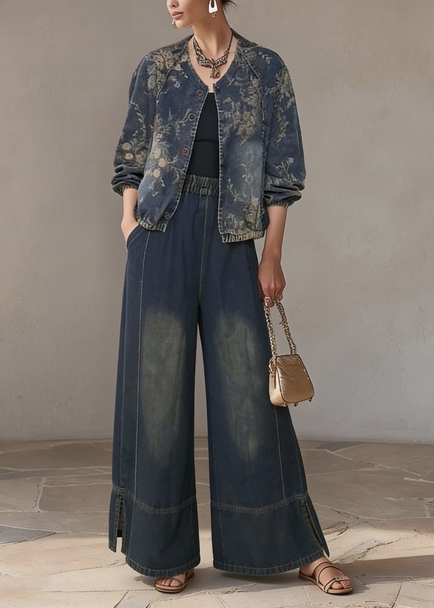 O Neck Print Denim Two Piece Set Outfits Spring