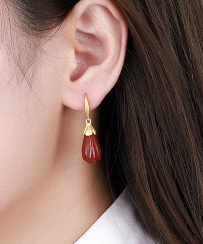 Red Sterling Silver Overgild Inlaid Agate Orchid Drop Earrings