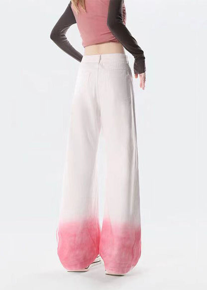 Gradient Pink Embroideried High Waist Denim Straight Pants Spring