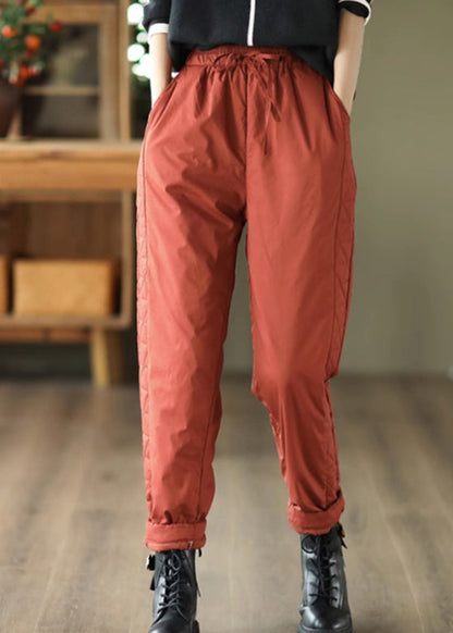 Red Pockets Patchwork Fine Cotton Filled Pants Winter