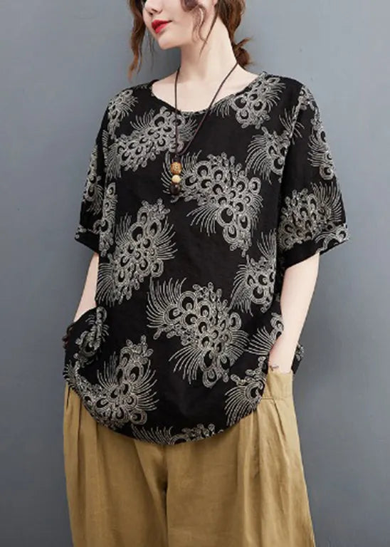 Black Print Loose Cotton Shirt Tops Short Sleeve