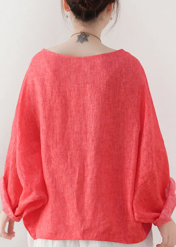 Red O-neck Linen Pullover Sweatshirt Batwing Sleeve