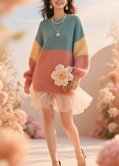 French Colorblock O Neck Knit Sweater Fall