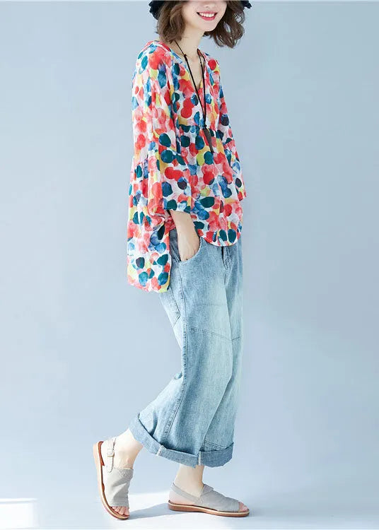 Red V Neck Dot Print Patchwork Wrinkled Chiffon Blouses Short Sleeve