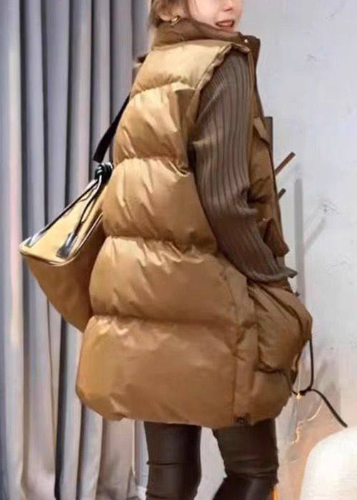 Loose Coffee Zippered Pockets Cotton Filled Waistcoat Sleeveless