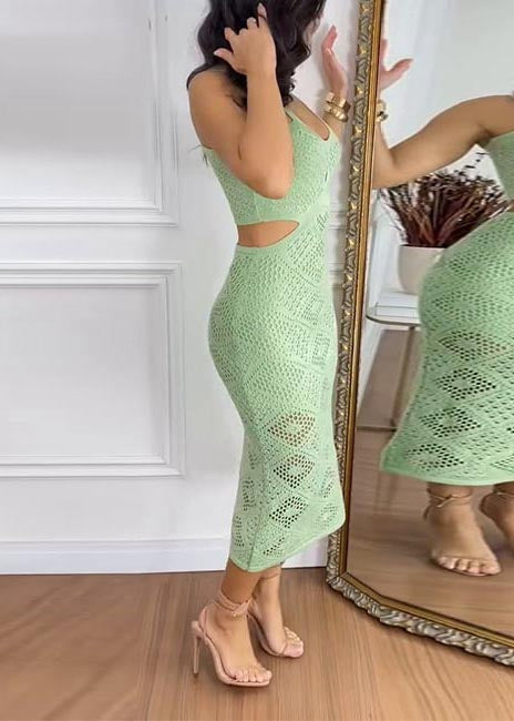 Green Hollow Out Cold Waist Knit Holiday Dress Summer