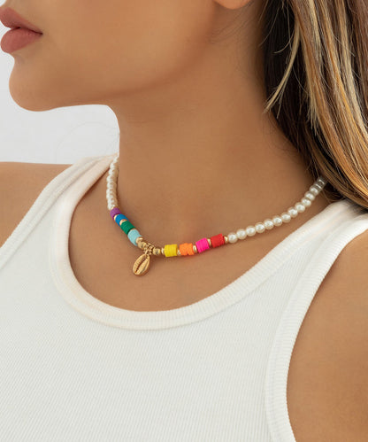 White Alloy Pearl Beading Shell Gratuated Bead Necklace