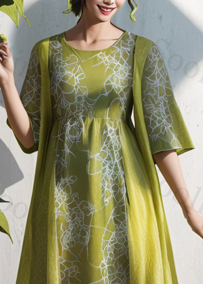 Handmade Grass Green Print Patchwork Silk Holiday Dress Summer