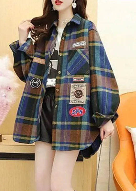 Boutique Blue Peter Pan Collar Button Patchwork Fall Shirts Long Sleeve