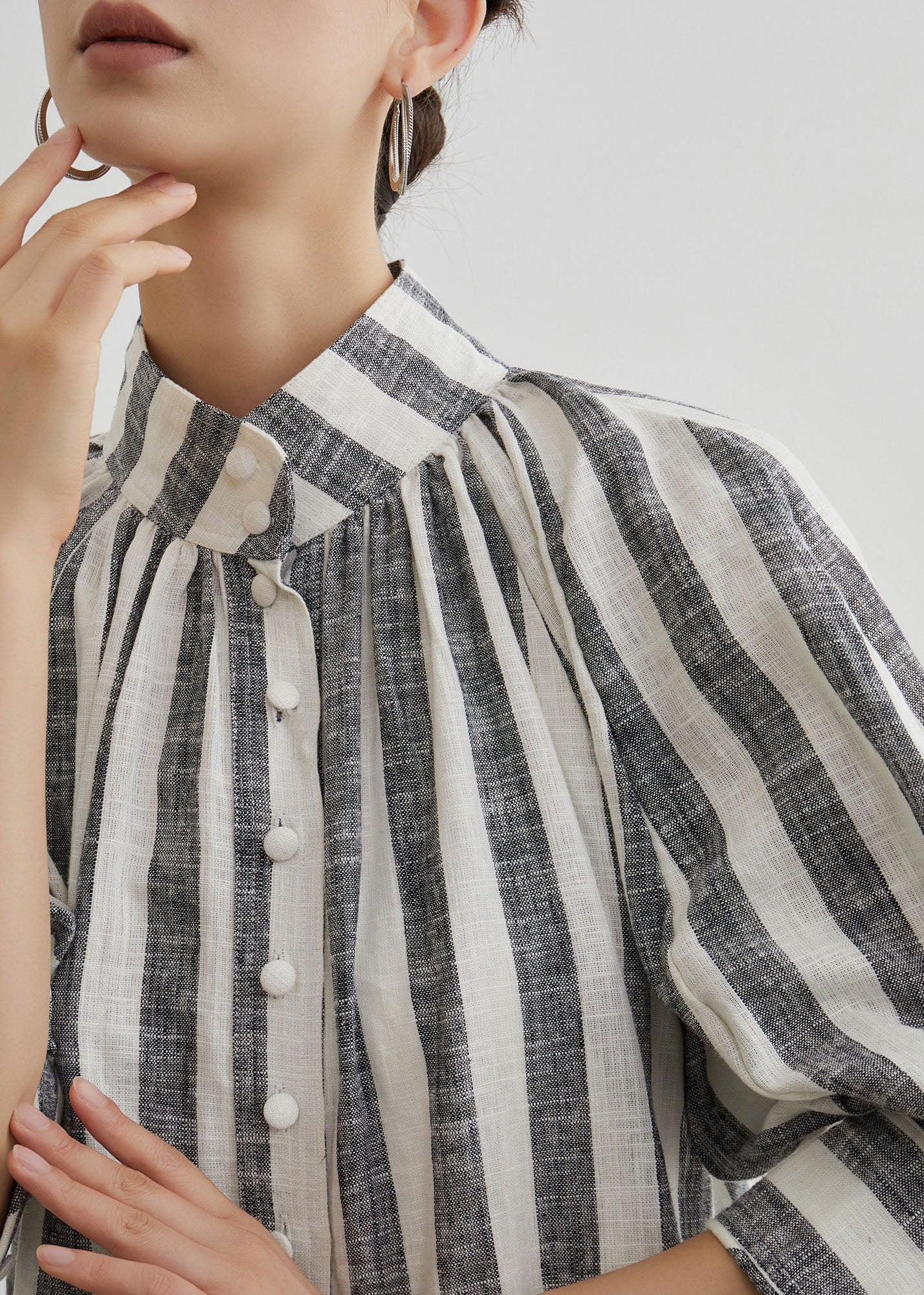 Stylish Grey Stand Collar Striped Cotton Two Pieces Set Summer