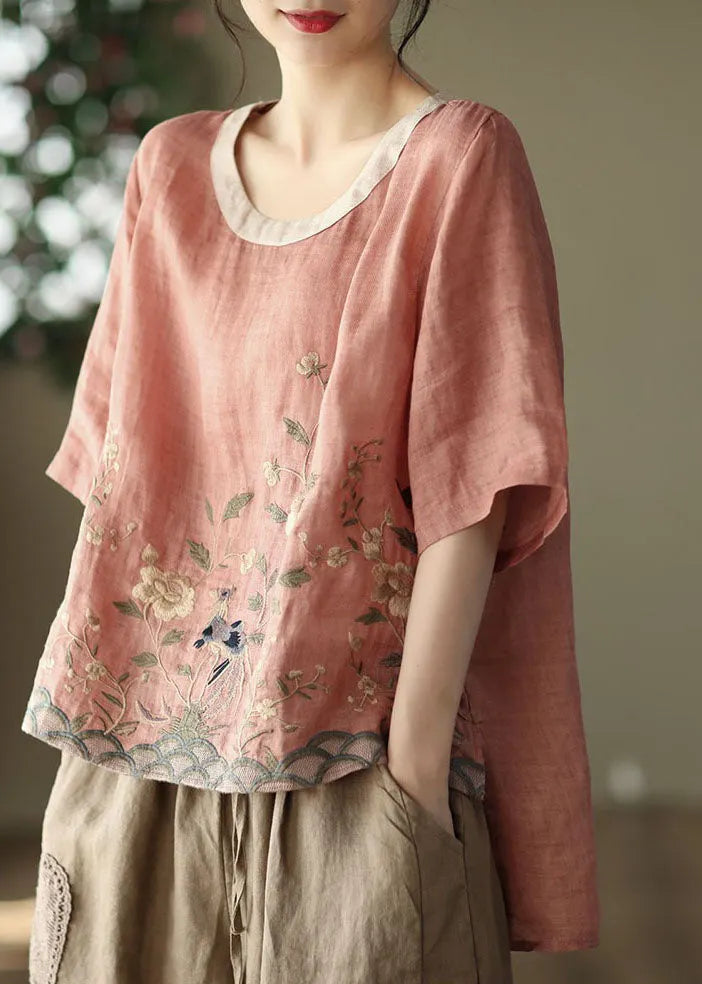 Loose Pink O-neck Embroideried Linen Tanks Short Sleeve