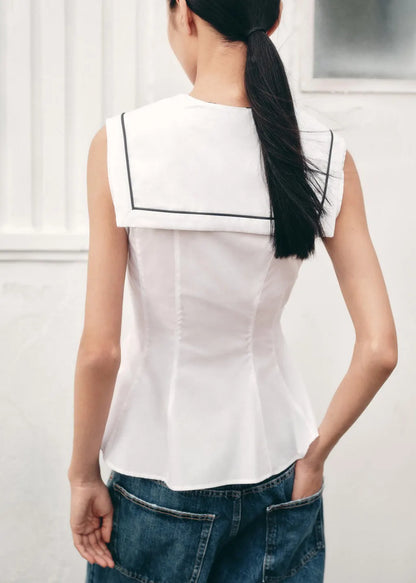 New White Sailor Collar Bow Cotton Shirt Sleeveless